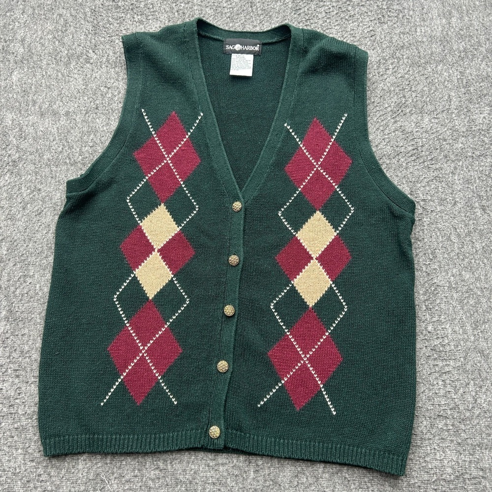 Sag‎ Harbor Vest Medium Green Sweater Vest Argyle Coastal Grandma Golf